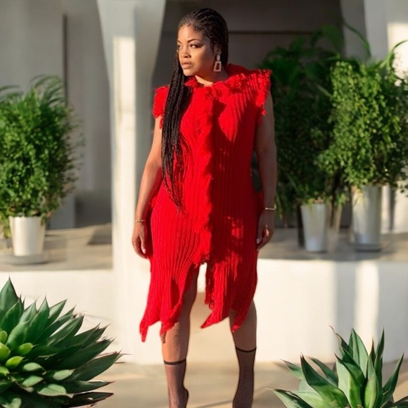 NEW Double Take Red Knit Sleeveless Fringe Sweater Dress - Picture 8 of 17